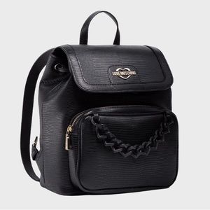 Love Moschino Black Leather Backpack with Drawstring & Black Heart Chain NWT